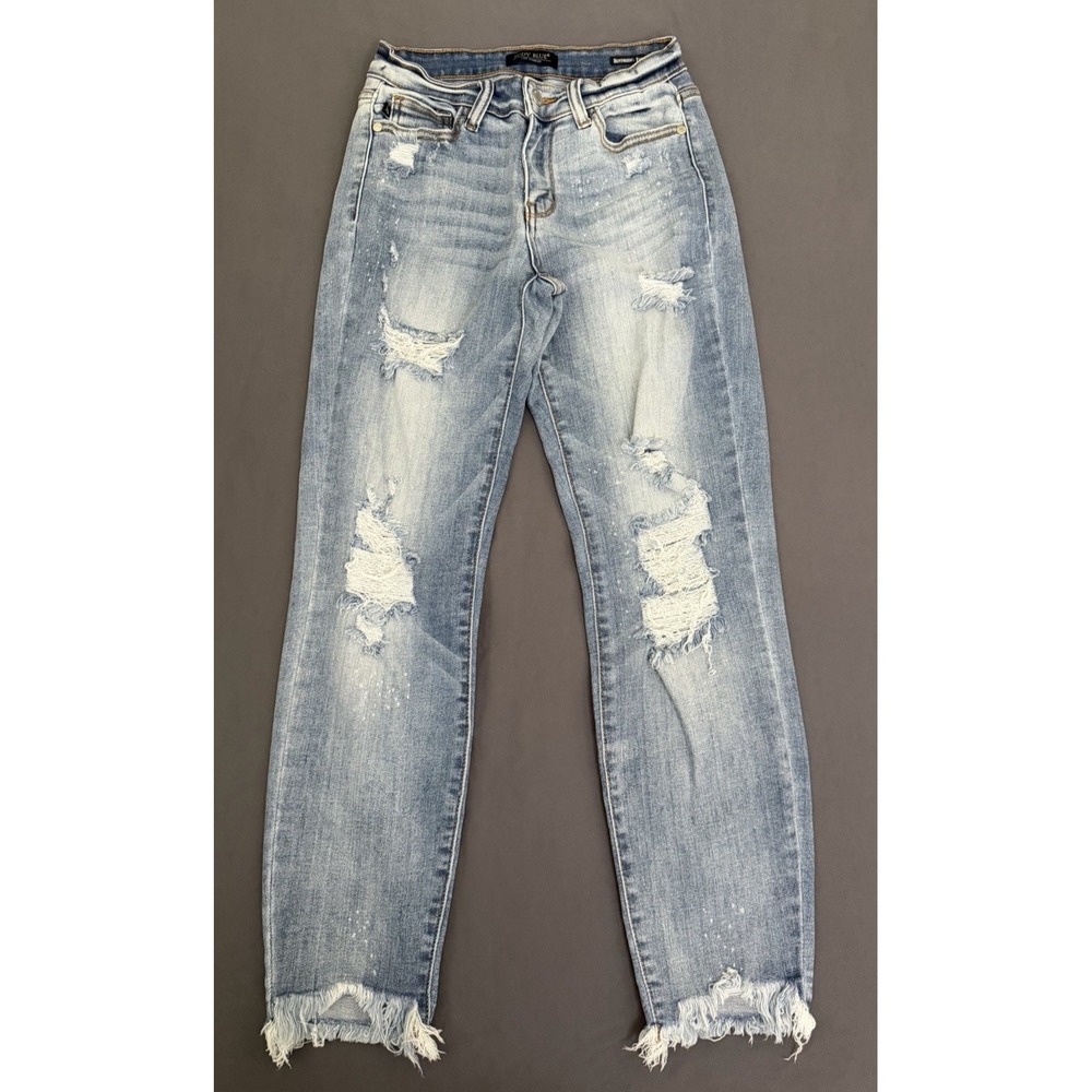 Judy Blue Jeans Women's Size 25 Boyfriend Distressed Frayed Hem Stretch Mid Rise